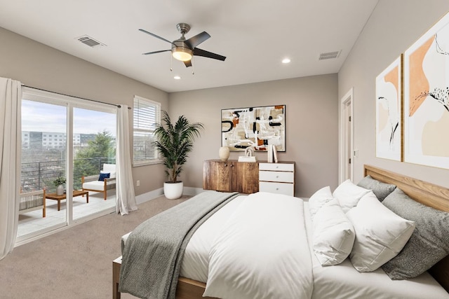 bedroom featuring carpet floors, recessed lighting, visible vents, and baseboards