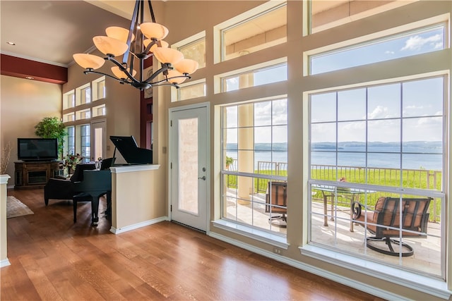 doorway with a water view, a chandelier, baseboards, wood finished floors, and a high ceiling