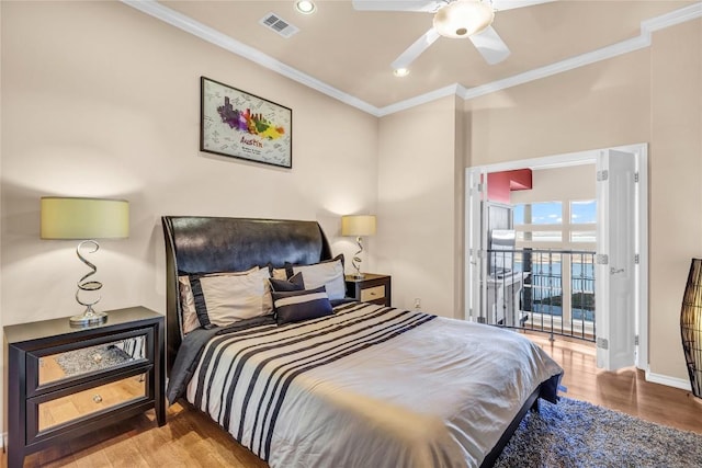 2918 Ranch Road 620 N Unit N-189, Austin, TX 78734 - bedroom featuring ornamental molding, wood finished floors, recessed lighting, ceiling fan, and access to exterior