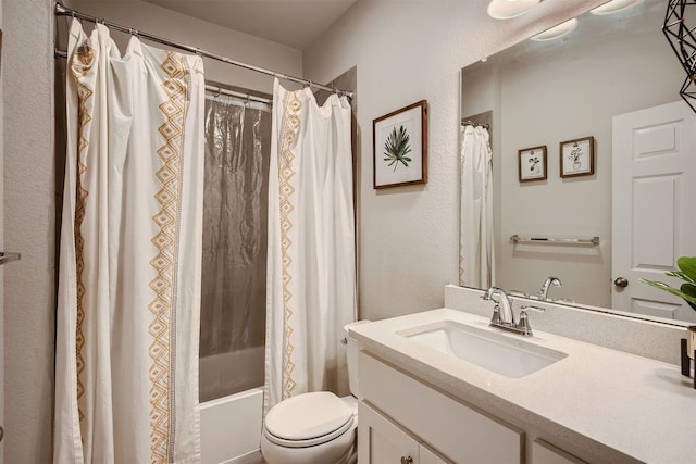 full bathroom with toilet, vanity, and shower / tub combo with curtain