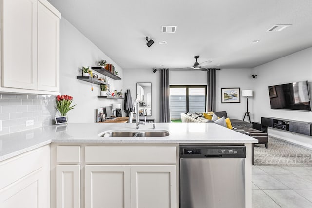 kitchen with sink, white cabinets, stainless steel dishwasher, and kitchen peninsula