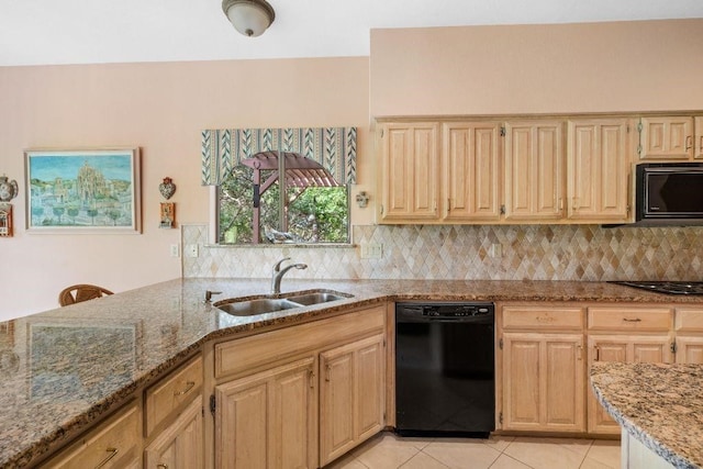 kitchen with black appliances, tasteful backsplash, sink, light stone counters, and light tile patterned flooring