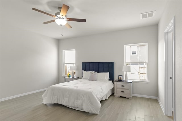 bedroom featuring ceiling fan and light hardwood / wood-style flooring