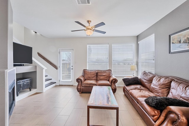 living room with ceiling fan