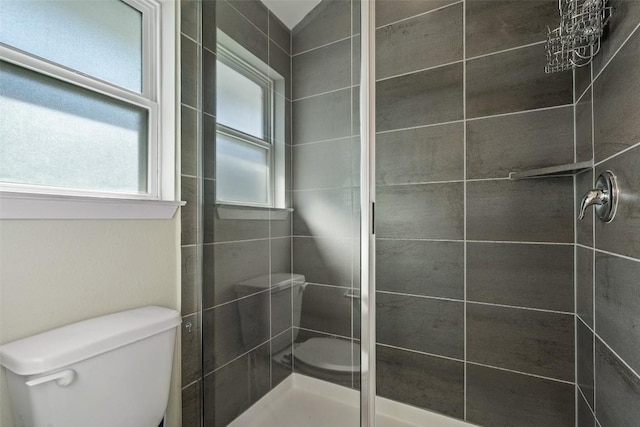 bathroom with a shower stall and toilet