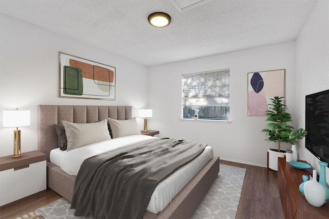 bedroom featuring a textured ceiling and dark hardwood / wood-style flooring