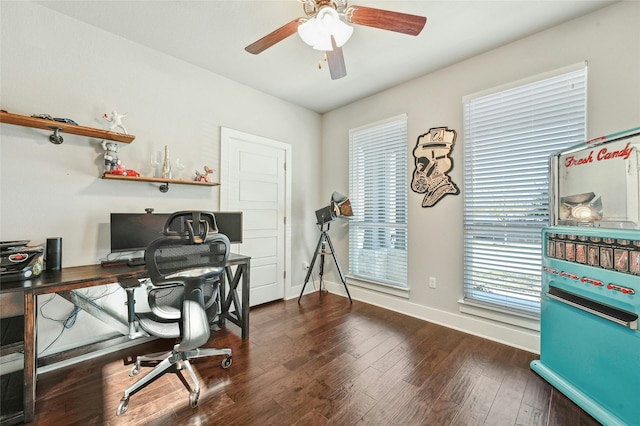 home office with hardwood / wood-style flooring and ceiling fan