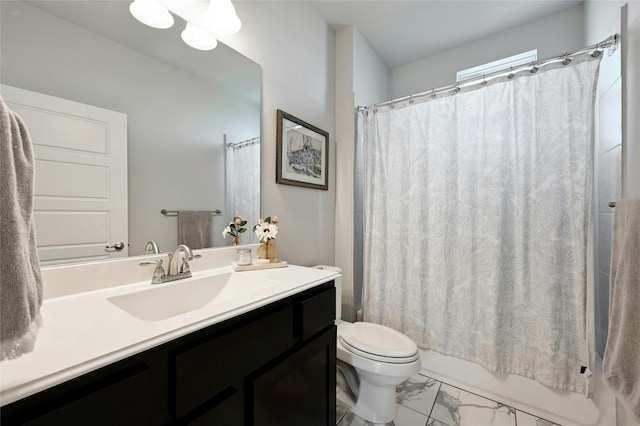 full bathroom featuring toilet, shower / bath combination with curtain, and vanity