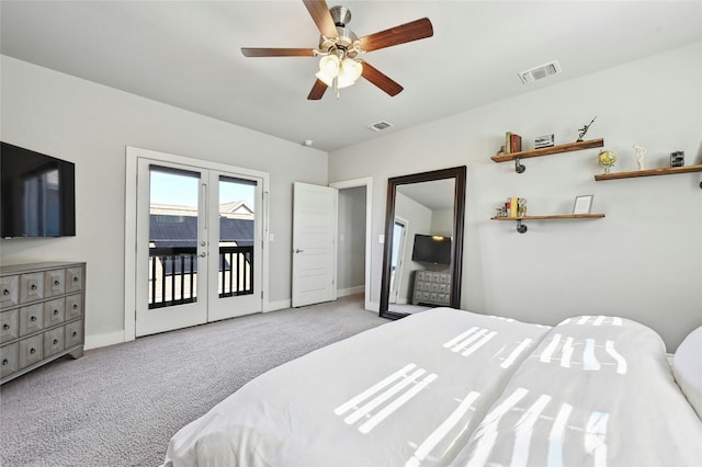 bedroom with ceiling fan, light carpet, access to outside, and french doors