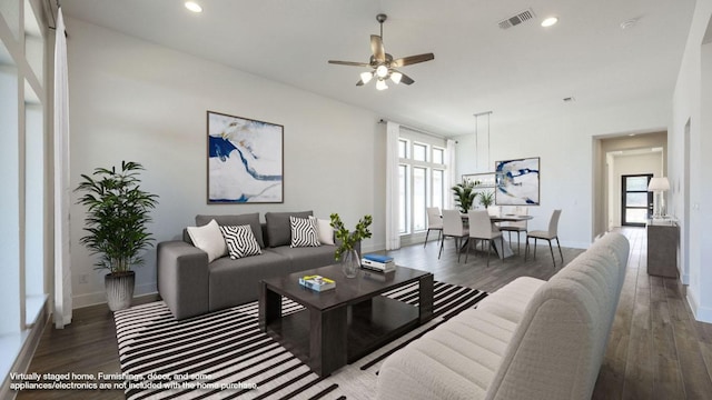 1716 Snowdrop Dr, Georgetown, TX 78628 - living area with ceiling fan, wood finished floors, and recessed lighting