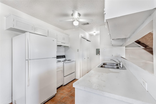 kitchen with white appliances, a textured ceiling, white cabinetry, sink, and ceiling fan