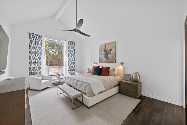 bedroom with ceiling fan and lofted ceiling with beams