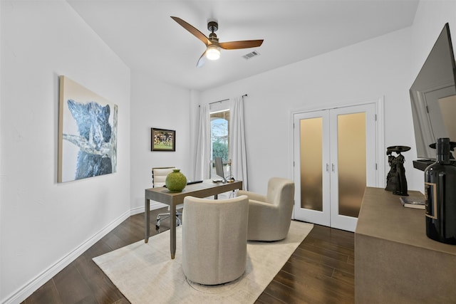 office space featuring ceiling fan, french doors, and dark hardwood / wood-style flooring