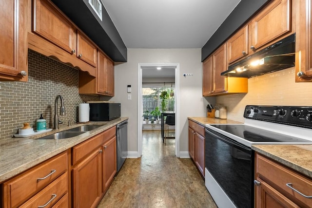 9009 N Plz Unit 118, Austin, TX 78753 - kitchen featuring black appliances, under cabinet range hood, a sink, backsplash, and brown cabinetry