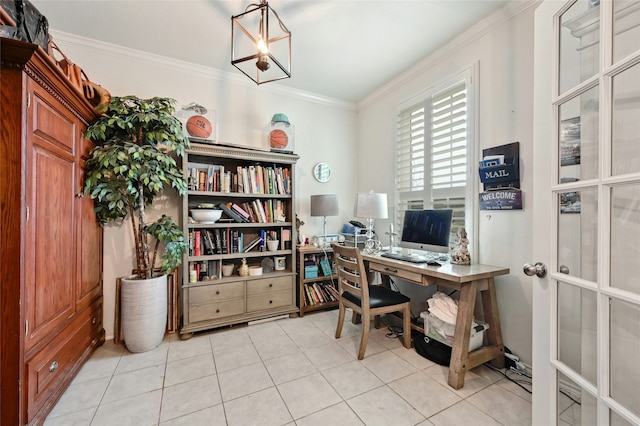 home office with ornamental molding and light tile patterned flooring