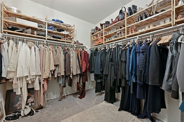 spacious closet featuring light colored carpet