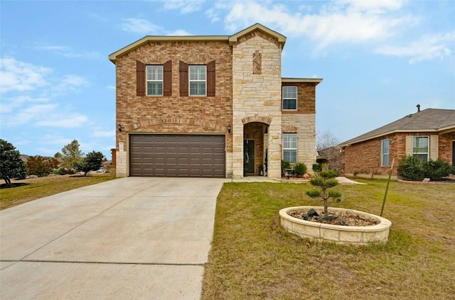 front of property with a garage and a front lawn