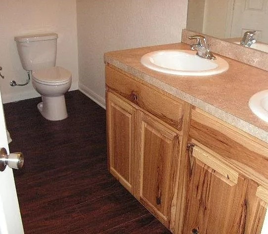 bathroom featuring hardwood / wood-style floors, toilet, and vanity