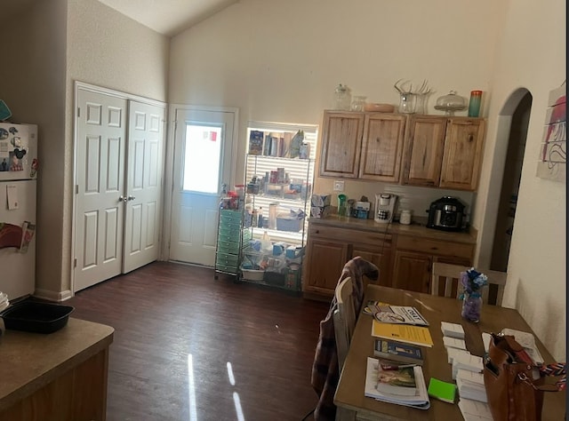 kitchen with white refrigerator, dark hardwood / wood-style floors, and lofted ceiling