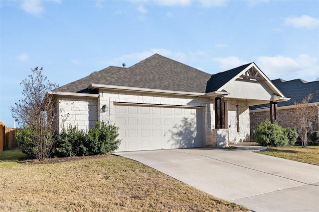 ranch-style home featuring a garage and a front lawn