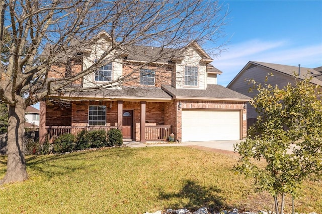 1201 Drake Cv, Leander, TX 78641 - traditional-style house with covered porch, a front lawn, concrete driveway, a garage, and roof with shingles