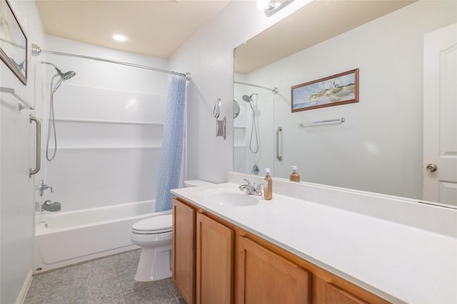 full bathroom with vanity, toilet, and shower / bath combo with shower curtain