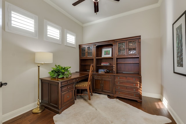 office with ceiling fan, ornamental molding, and dark wood-type flooring