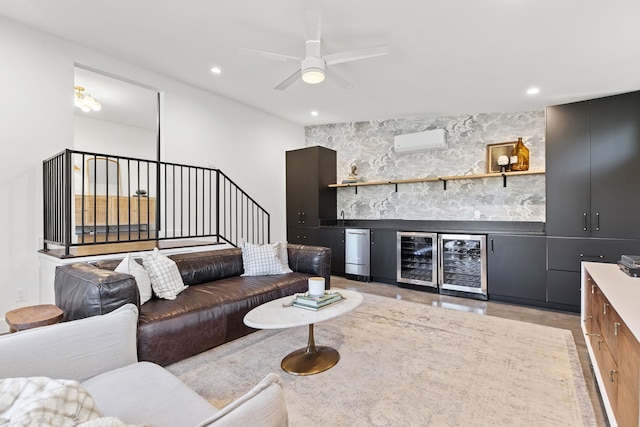 living room with ceiling fan, beverage cooler, and indoor bar