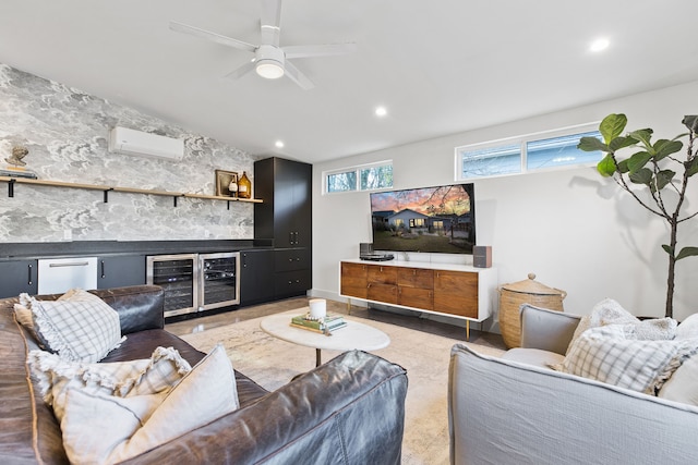 living room with a wall mounted AC, wine cooler, ceiling fan, and bar