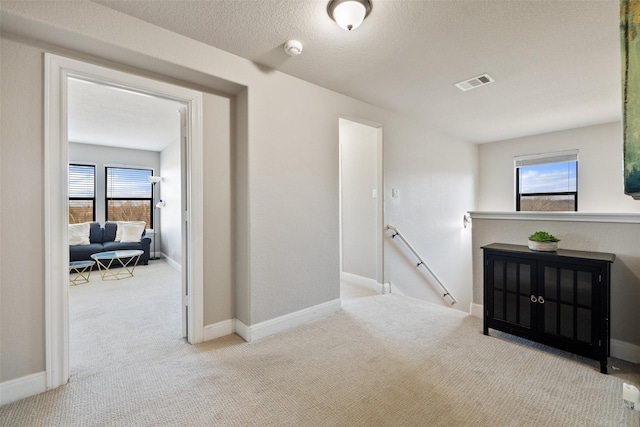 hall with light carpet, plenty of natural light, and a textured ceiling