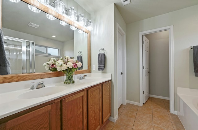 bathroom with a stall shower, visible vents, a sink, and a bath