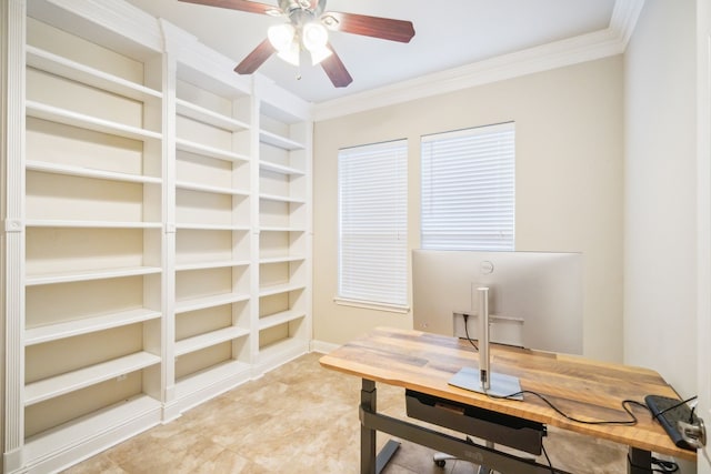 home office featuring crown molding, built in shelves, and ceiling fan