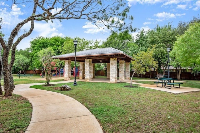 surrounding community featuring a gazebo, a yard, and a patio