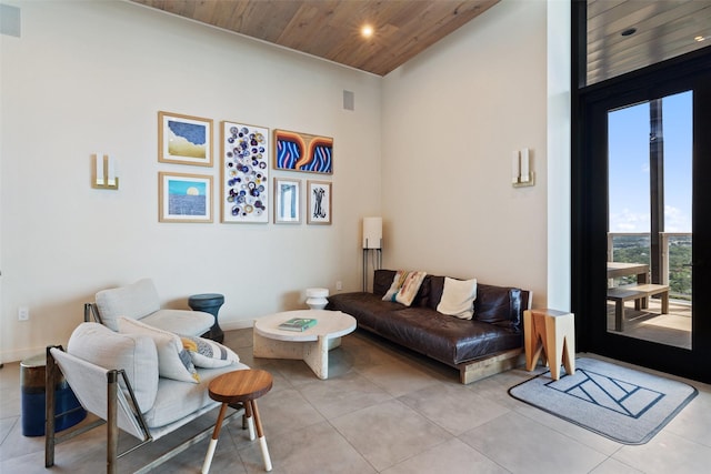 living room featuring wooden ceiling