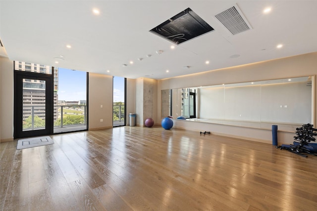 exercise room featuring expansive windows and light wood-type flooring