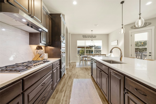 kitchen with sink, hanging light fixtures, dark brown cabinets, stainless steel appliances, and tasteful backsplash