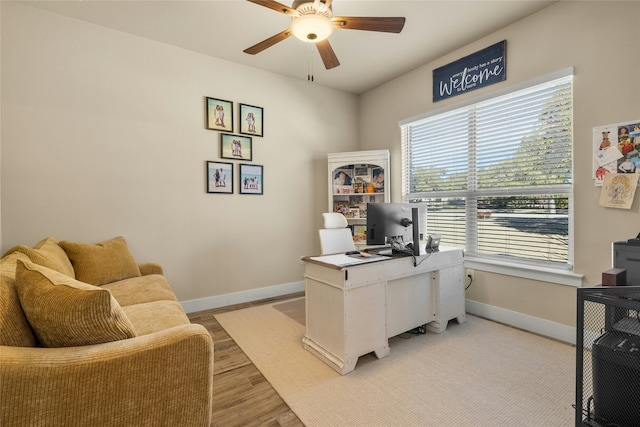 home office with light hardwood / wood-style flooring, plenty of natural light, and ceiling fan