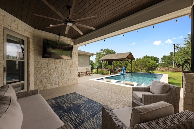 105 Aldea St, Georgetown, TX 78633 - outdoor pool with a gazebo, an outdoor living space, a ceiling fan, and a patio