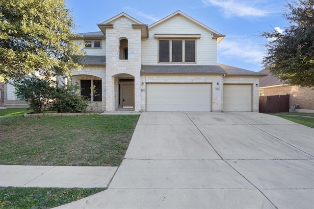 706 Harwood Dr, San Marcos, TX 78666 - french country style house with stone siding, driveway, a garage, and a shingled roof