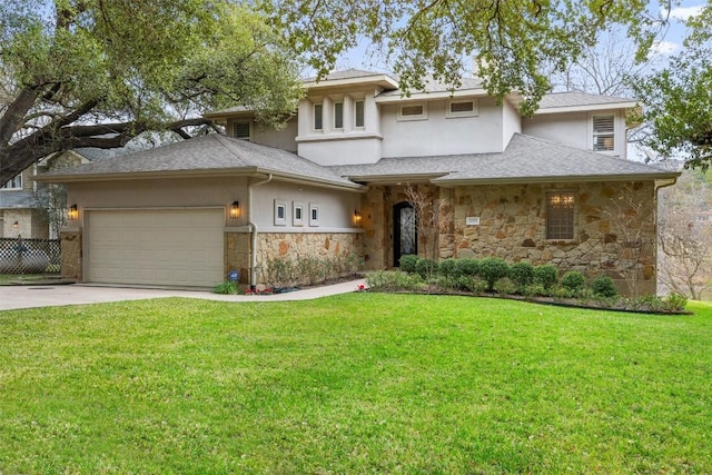 2007 Big Horn Dr, Austin, TX 78734 - prairie-style house featuring stone siding, stucco siding, an attached garage, driveway, and a front lawn
