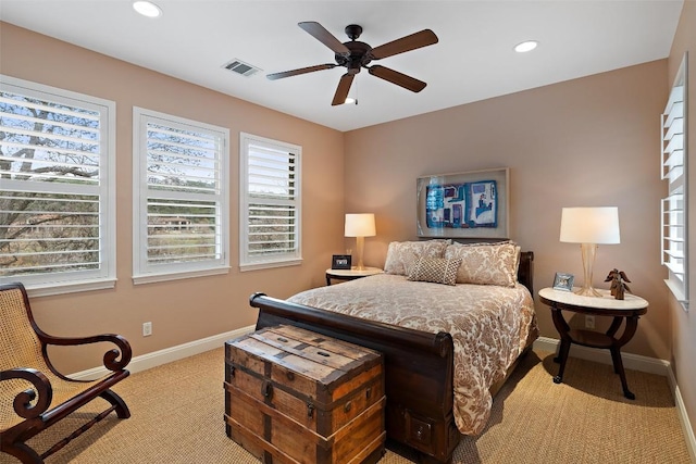 2007 Big Horn Dr, Austin, TX 78734 - bedroom featuring light colored carpet, baseboards, recessed lighting, and a ceiling fan