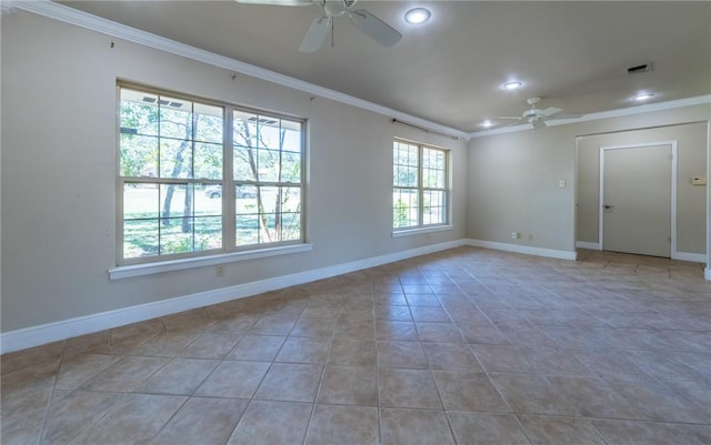 tiled spare room with crown molding and ceiling fan