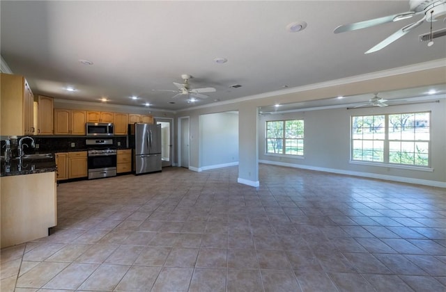 kitchen featuring sink, crown molding, stainless steel appliances, and ceiling fan