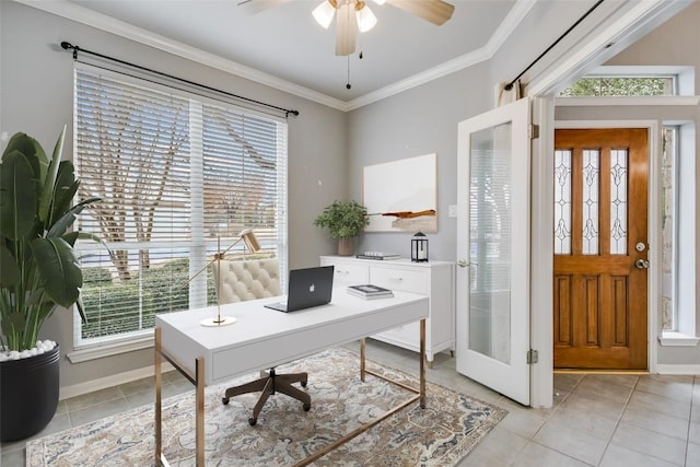 office with baseboards, ornamental molding, a ceiling fan, and light tile patterned flooring