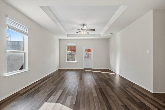 118 Grace Lilly Dr, Buda, TX 78610 - unfurnished room with a raised ceiling, plenty of natural light, dark wood-style flooring, and ceiling fan