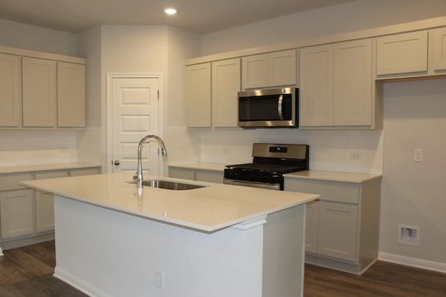2407 Ekvall Dr, Round Rock, TX 78665 - kitchen featuring appliances with stainless steel finishes, a sink, recessed lighting, dark wood finished floors, and a kitchen island with sink