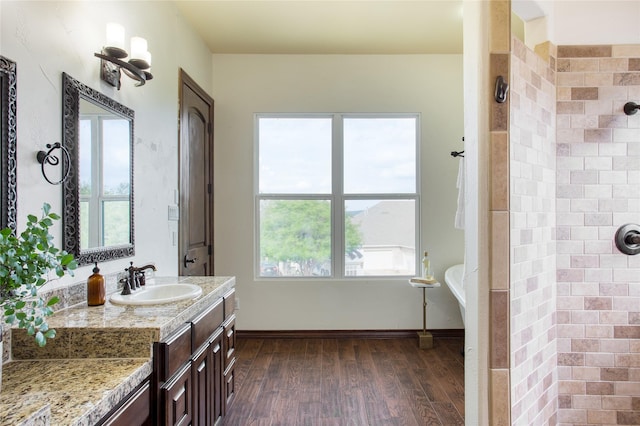 bathroom with vanity, a shower, and hardwood / wood-style floors