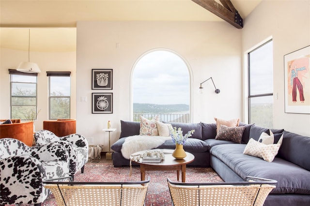 living room featuring beam ceiling