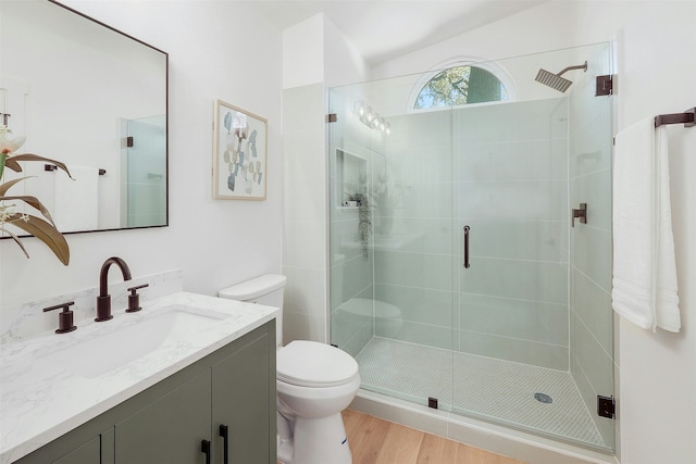 bathroom with vanity, hardwood / wood-style floors, toilet, and walk in shower