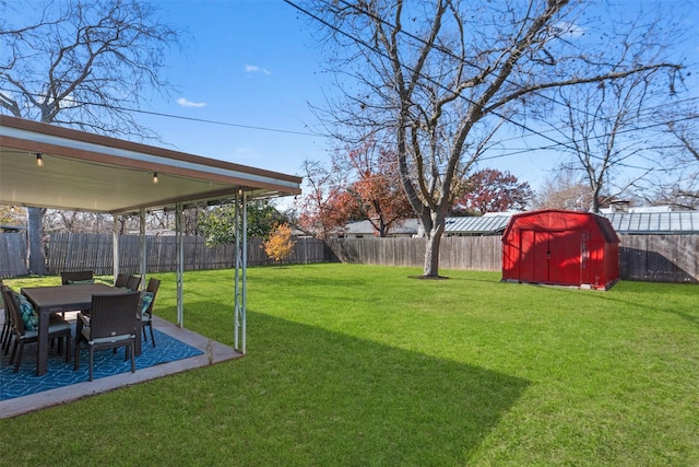 view of yard with a patio area and a storage unit